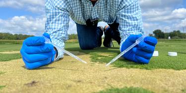 A person with two droplets crouching over brown grass.